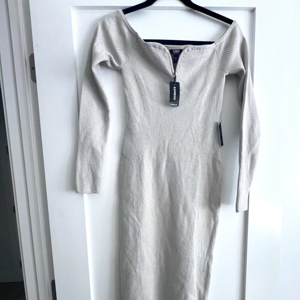 Express Sweater White/Silver Metallic BodyContour Dress Small